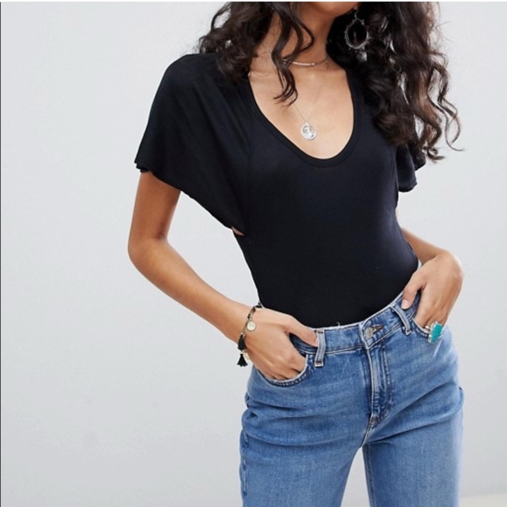 Free People Byron Ribbed Flutter Sleeve Bodysuit Black Cut Out, Size:L